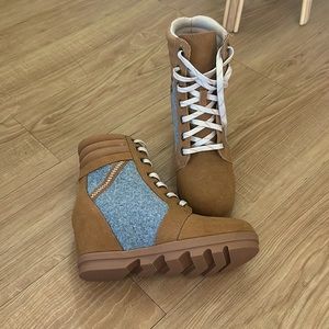 Brand New - Tan and gray wedge booties. Size 8